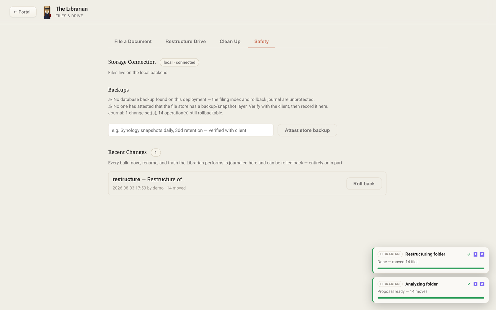 The Safety tab: backup attestation, the change journal, and a one-click Roll back button